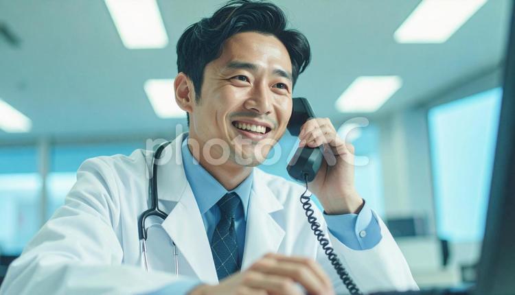 笑顔で固定電話をかける医師 電話診療,若い,電話機の写真素材