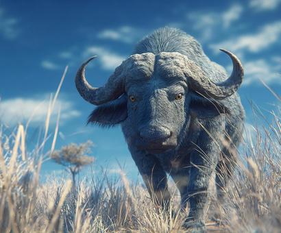 迫り来るアフリカスイギュウの写真