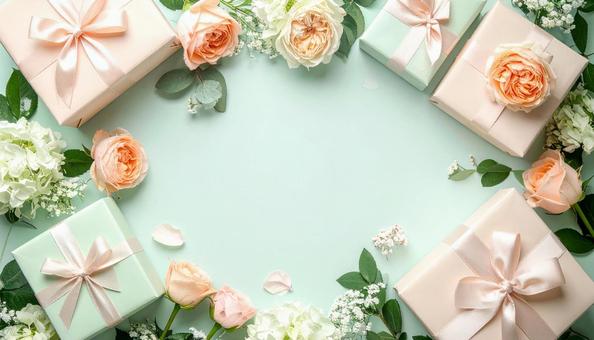 花とプレゼントが囲む、優しい色合いの背景の写真