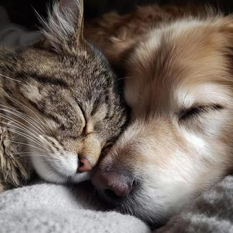 寄り添って眠る犬と猫 寄り添って眠る犬と猫の写真