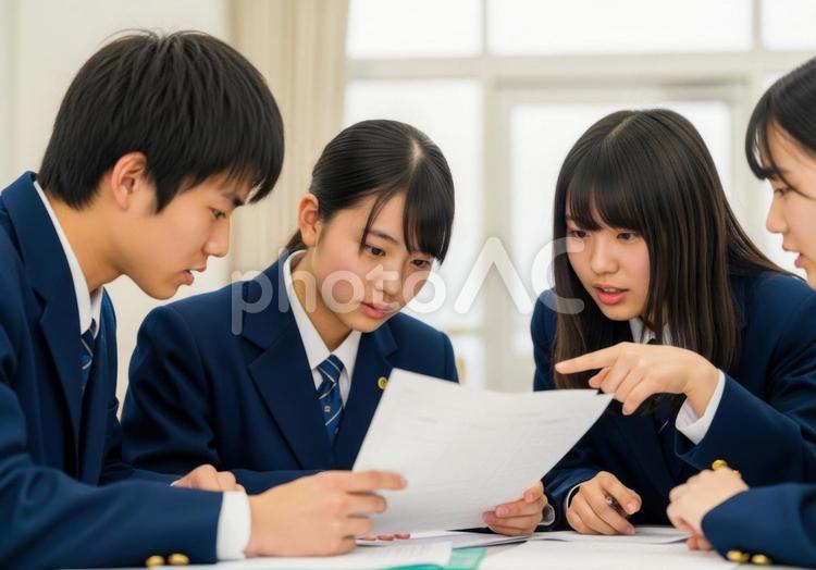 グループ学習で資料を確認する高校生 高校生,学生,学習の写真素材