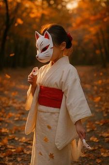 白着物の少女と狐面（AI生成）秋風景の写真