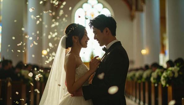 紙吹雪が舞い落ちる教会の新郎新婦 紙吹雪が舞い落ちる教会の新郎新婦の写真