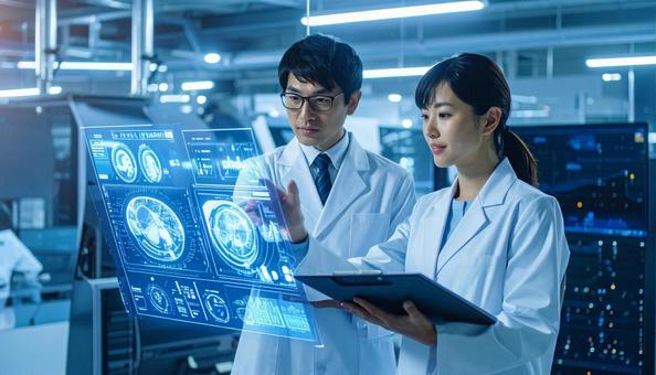 ホログラムのデータを見ながら議論する医者 ホログラムのデータを見ながら議論する医者の写真