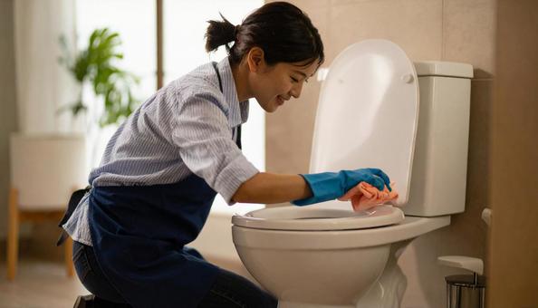 トイレ清掃する日本人女性 拭き掃除 トイレ清掃する日本人女性 拭き掃除の写真