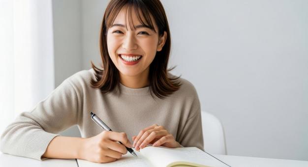 ノートを書きながら笑顔を見せる女性 ノートを書きながら笑顔を見せる女性の写真