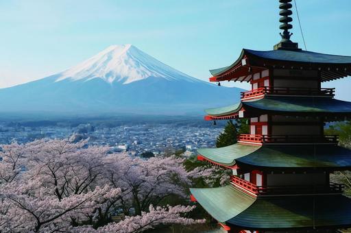 神社から眺める桜と富士 神社から眺める桜と富士の写真