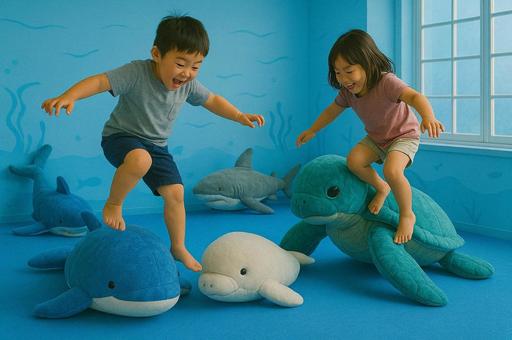 キッズスペースのぬいぐるみで遊ぶ子供たちの写真