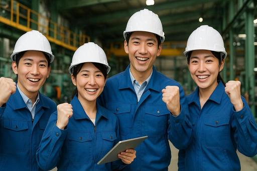 工場でガッツポーズする笑顔の若手作業員 工場でガッツポーズする笑顔の若手作業員の写真