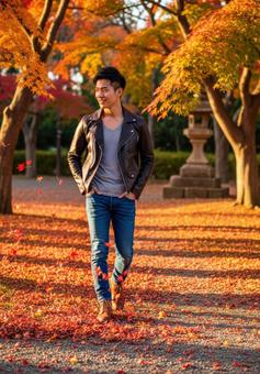 紅葉の遊歩道を歩く革ジャンの男性 紅葉の遊歩道を歩く革ジャンの男性の写真