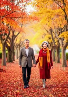 手をつなぎ紅葉道を散策するシニアカップル 手をつなぎ紅葉道を散策するシニアカップルの写真