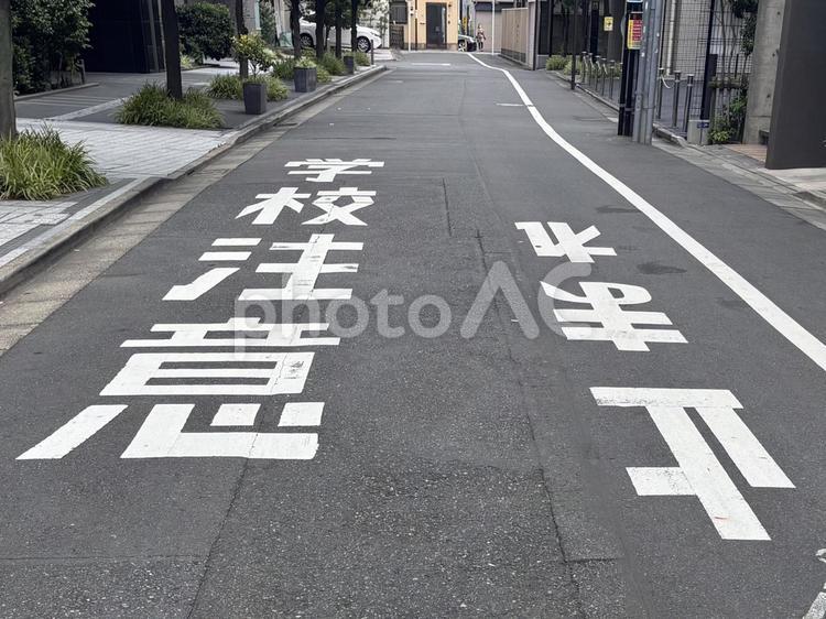 路面表示 学校注意 止まれ 道路標示,路面標示,学校注意の写真素材