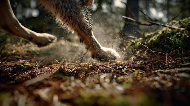 森を駆ける犬の足元 森を駆ける犬の足元の写真