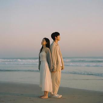 夕焼けの海辺に佇む若い二人 夕焼けの海辺に佇む若い二人の写真