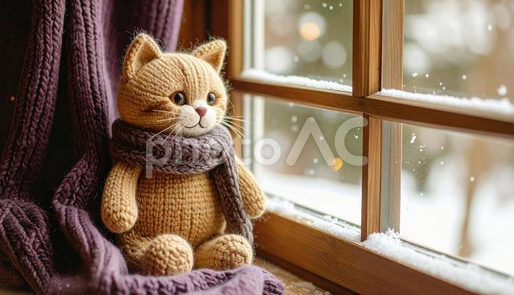 猫の編みぐるみ　窓辺 ぬいぐるみ,編みぐるみ,猫の写真素材