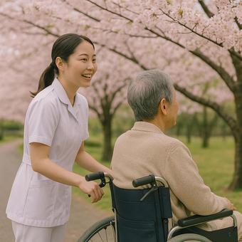 看護師が車いす老人を連れて桜の観賞 看護師が車いす老人を連れて桜の観賞の写真