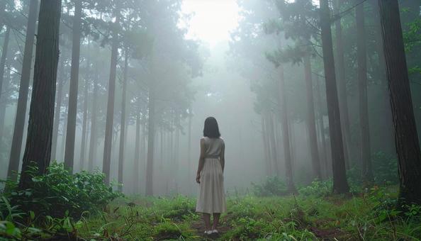 深い森で立ちすくむ女性 深い森で立ちすくむ女性の写真