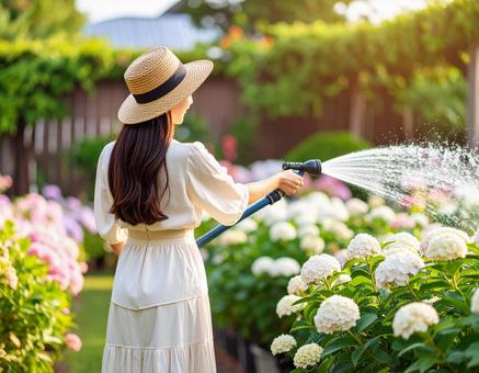庭の花壇に水をまく女性 庭の花壇に水をまく女性の写真
