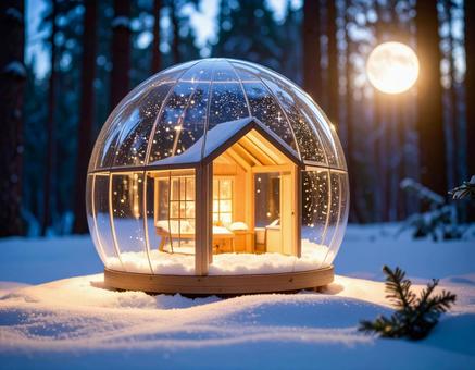 雪の上にあるガラスドームの家 雪の上にあるガラスドームの家の写真