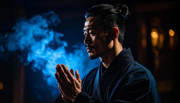 何かに畏敬の念を感じ手を合わせる男性の写真