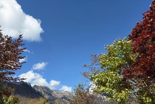 秋の山と紅葉の木々が映える青空の風景写真 秋,紅葉,山の写真素材