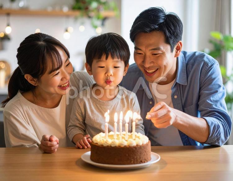 男の子の誕生日にロウソクを吹き消す家族 家族,家庭,誕生日の写真素材