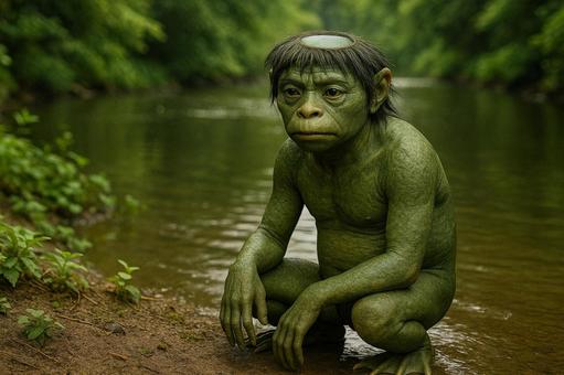 川辺にたたずむ日本の妖怪、河童の写真