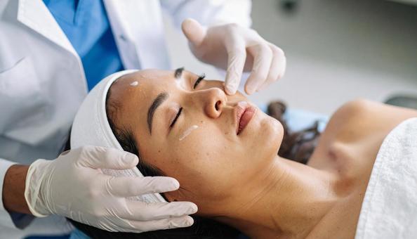 美容皮膚科で女性にクリームを塗る看護師の写真