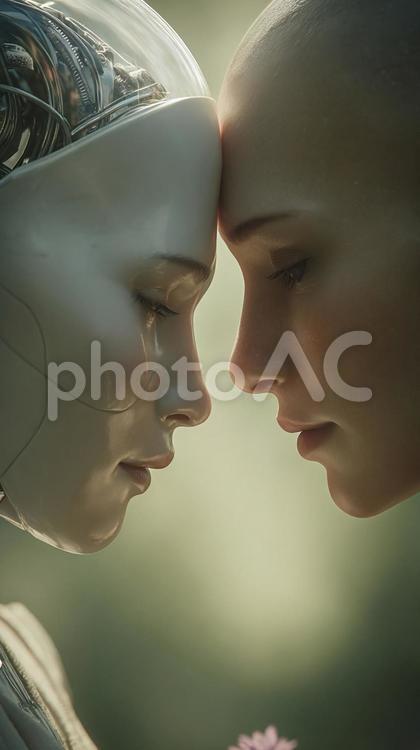 心を通わせるヒューマノイドと人間の女性 ai,ロボット,人間の写真素材