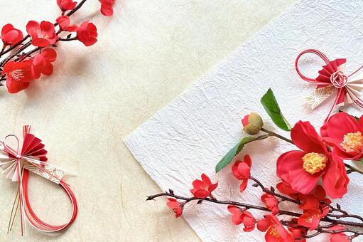 梅と椿の年賀素材 お正月,年賀状,冬の写真素材