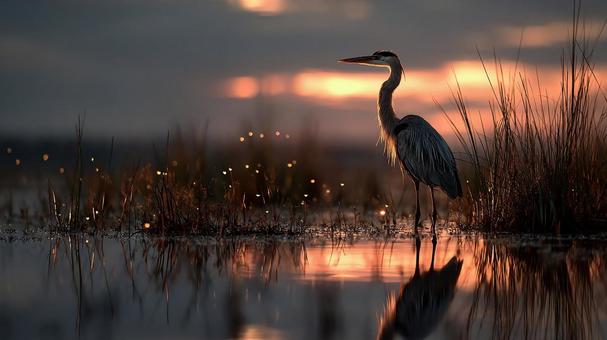 幻想的な夕暮れに立つサギのシルエット 幻想的な夕暮れに立つサギのシルエットの写真