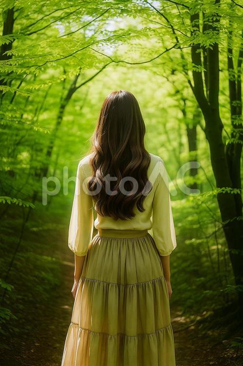 新緑の森に佇む女性 女性,森,新緑の写真素材