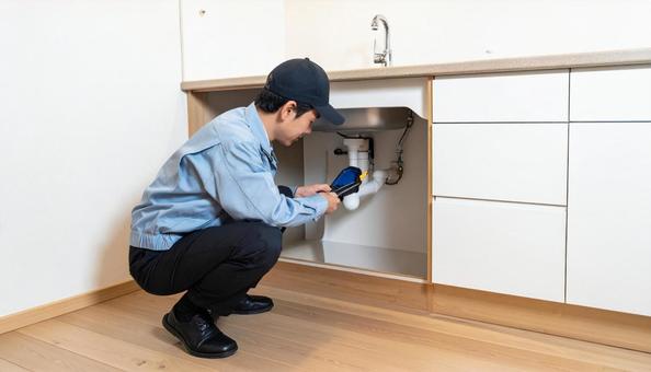 シンク下の排水管をチェックする作業員の写真