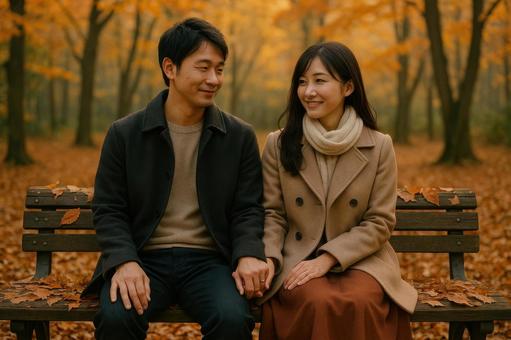 落ち葉のベンチに座る二人の写真