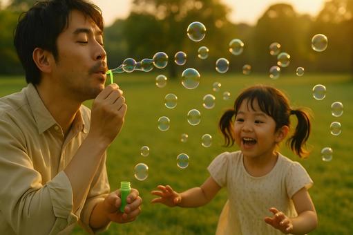公園でシャボン玉遊びの写真