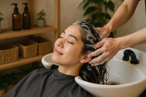 ヘアサロンでシャンプーされている女性の写真
