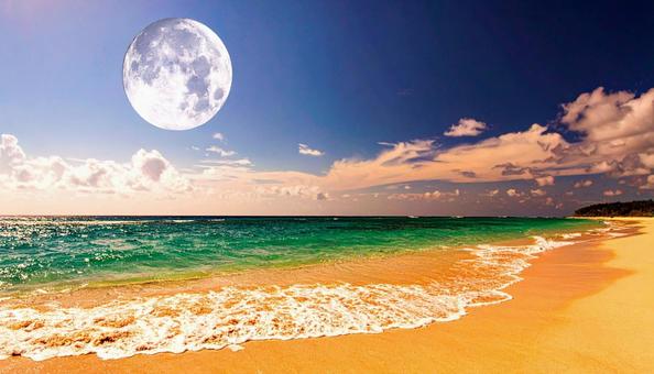 ビーチの青空に浮かぶ透けた白い月の写真