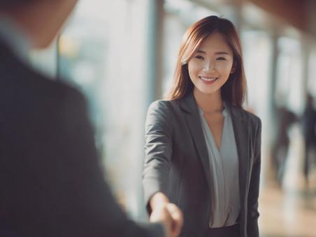 女性と握手で挨拶ビジネスシーンの写真