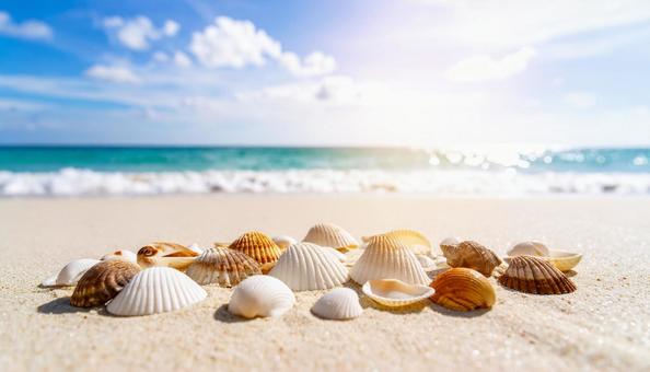 ビーチと貝殻のある風景 夏の海 ビーチと貝殻のある風景 夏の海の写真