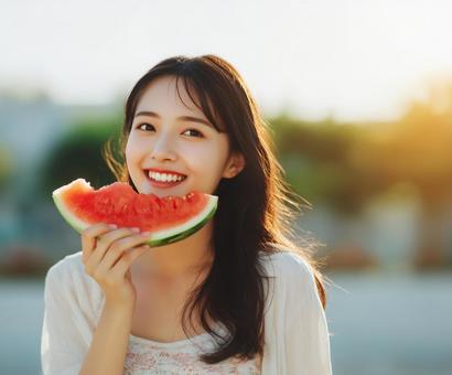 屋外でスイカを食べる笑顔の女性の写真