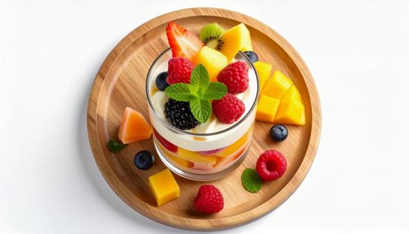 木製プレートに乗せられたフルーツパフェの写真