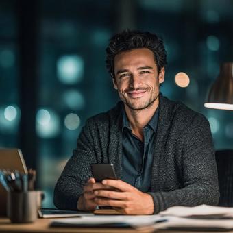 笑顔でメッセージを送る男性 笑顔でメッセージを送る男性の写真