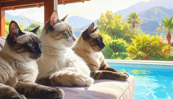 ソファに集まる3匹の猫 ソファに集まる3匹の猫の写真