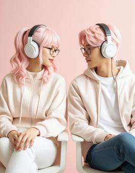 ヘッドホンをするカップル ヘッドホンをするカップルの写真