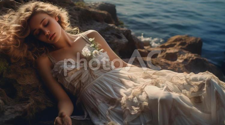 海辺で昼寝をする女性 金髪,美女,岩場の写真素材