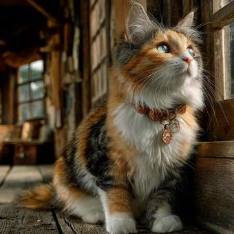 木造の家ともふもふの三毛猫 木造の家ともふもふの三毛猫の写真