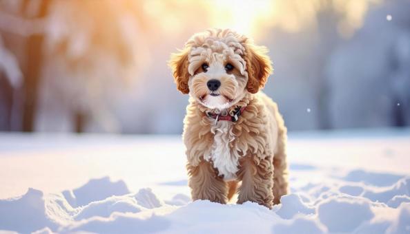 雪の上に立つマルチーズプードル 雪の上に立つマルチーズプードルの写真