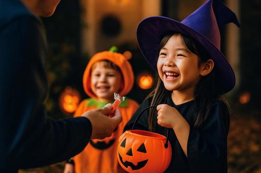 ハロウィンでお菓子をもらう仮装した子供達 ハロウィンでお菓子をもらう仮装した子供達の写真