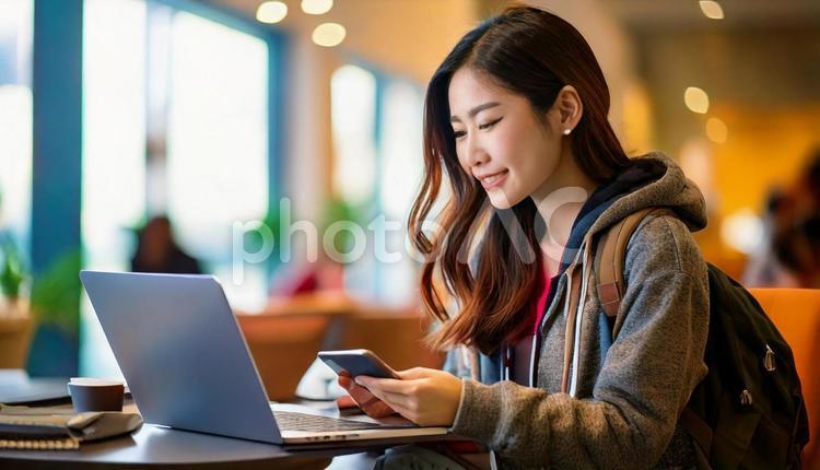 ラウンジで勉強をする大学生の女性 女性,大学生,ノートパソコンの写真素材