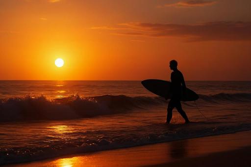 夕暮れの海を歩くサーファーのシルエット 夕暮れの海を歩くサーファーのシルエットの写真